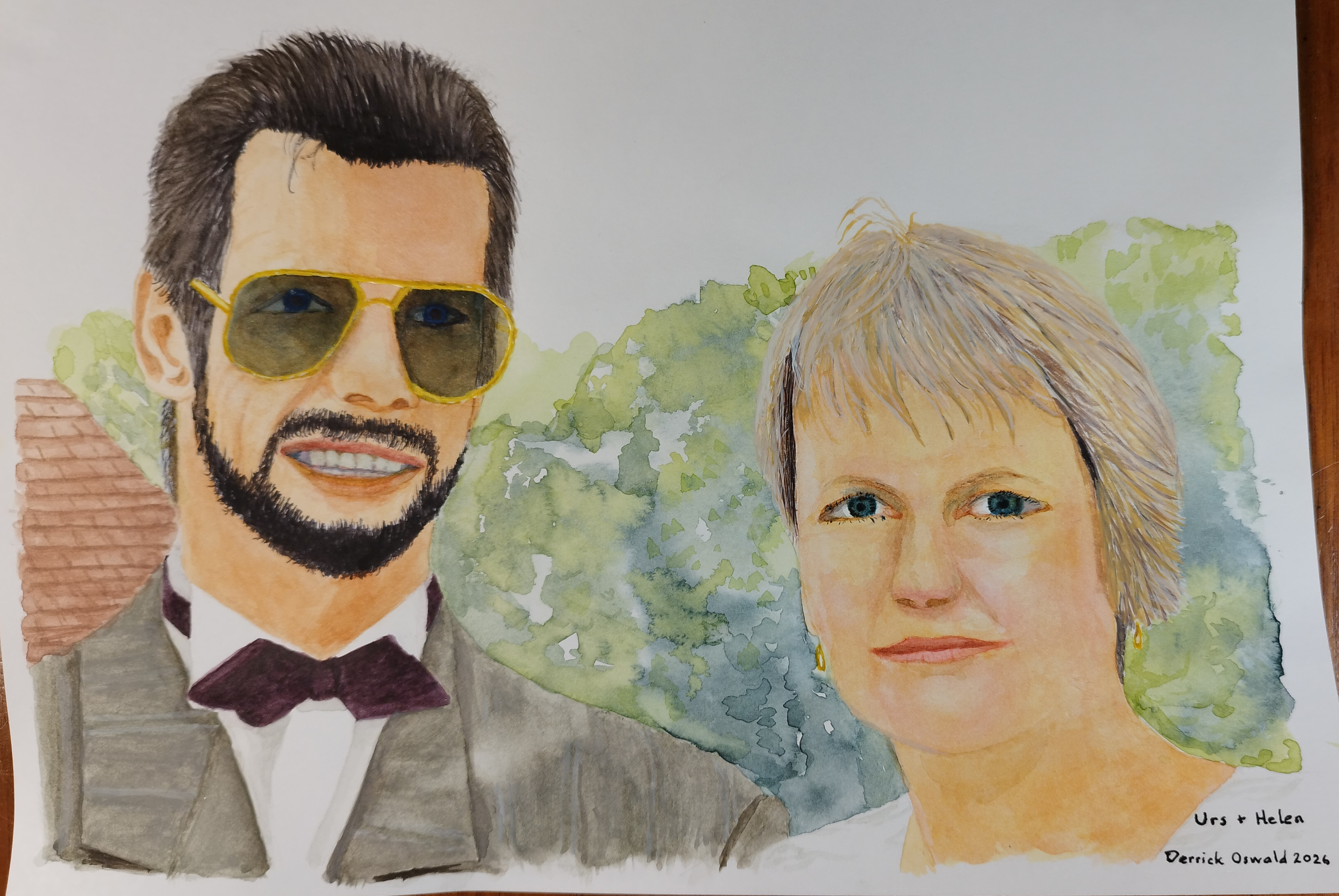 watercolour portrait of Urs + Helen in their younger days