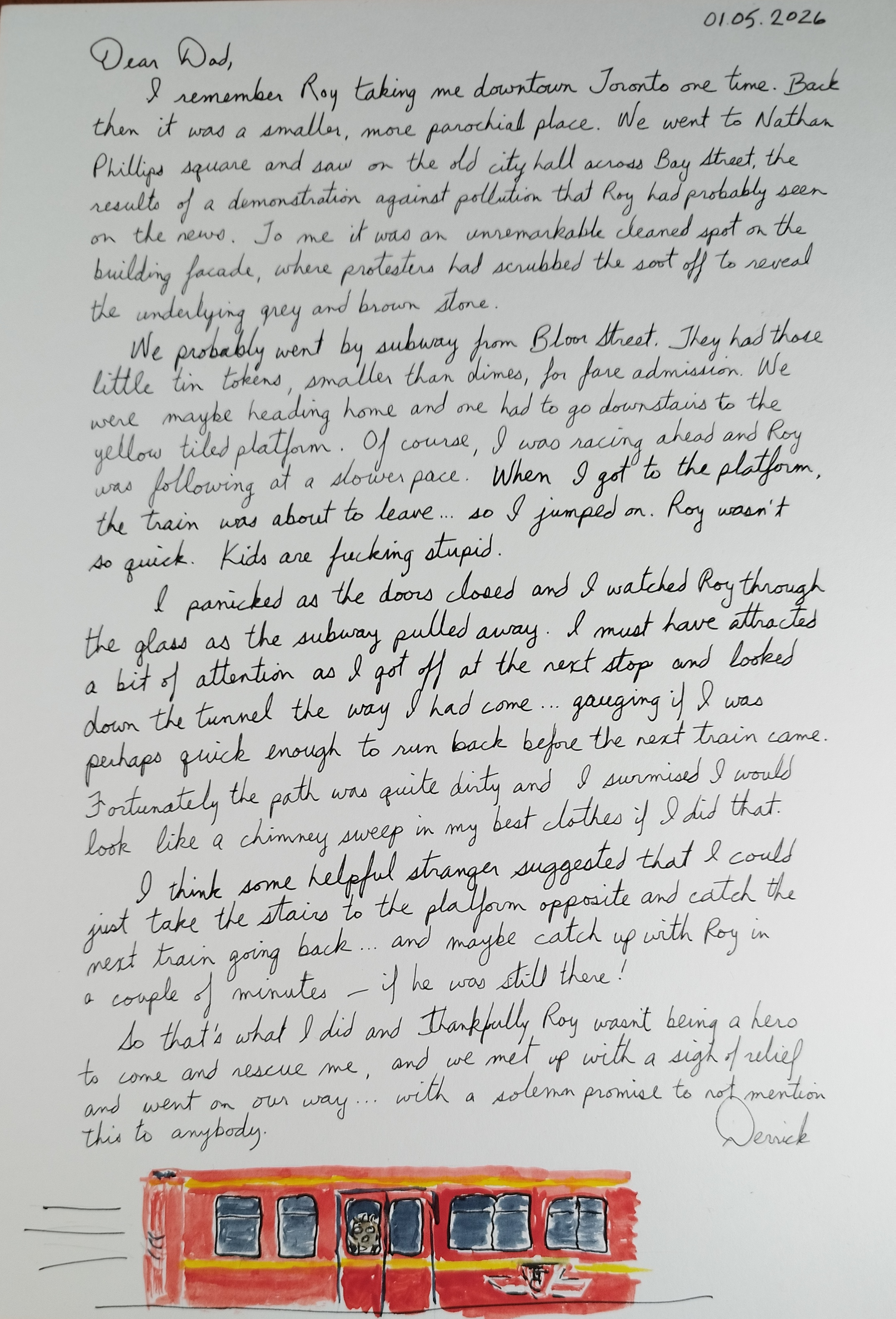 cursive letter about subway trauma